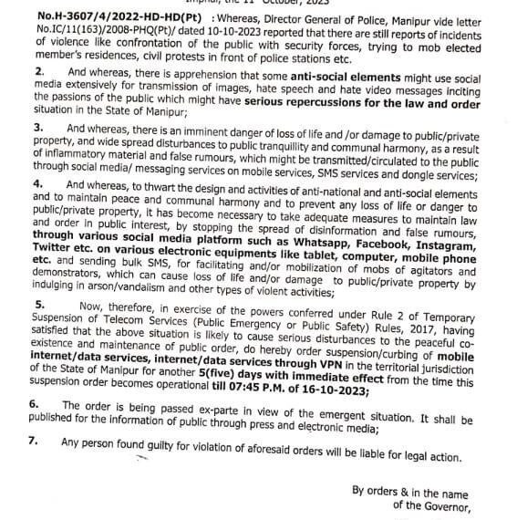 Manipur Govt extends suspension of mobile data internet