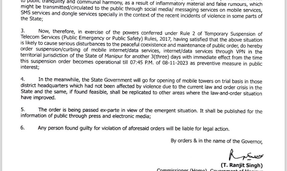 Mobile internet ban in Manipur extended till November 8